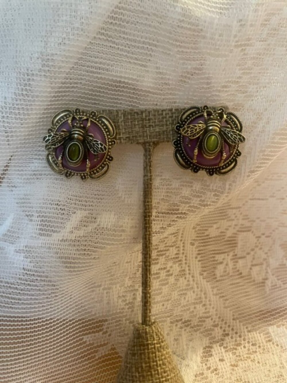 Ornate Bee Statement Earrings Purple Enamel Green Cabochon